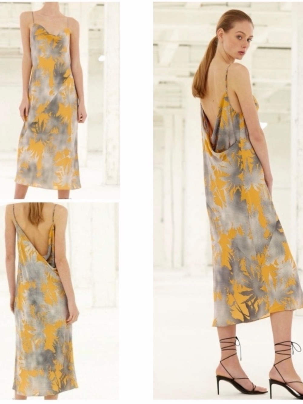 Babaton Yellow and Gray Floral Slip Midi Dress